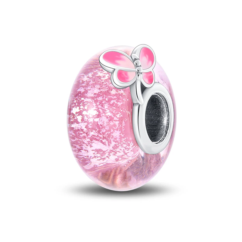 Berloque Murano Rosa Borboleta - Prata 925